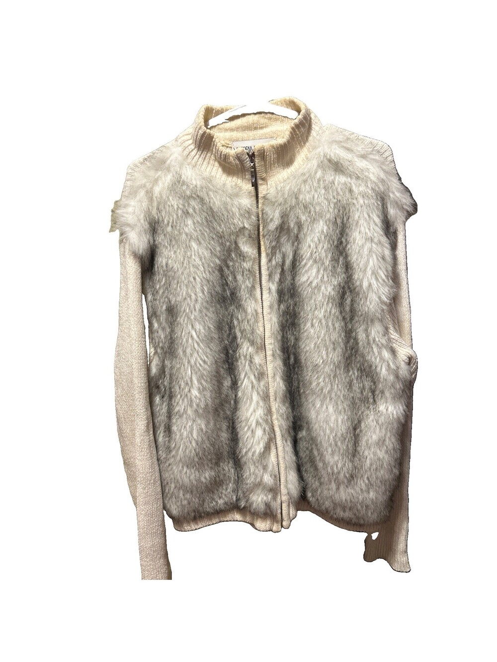 Victoria Harbour Size Large Women’s Ivory Cable Knit Faux Fur Trim Cardigan Vtg